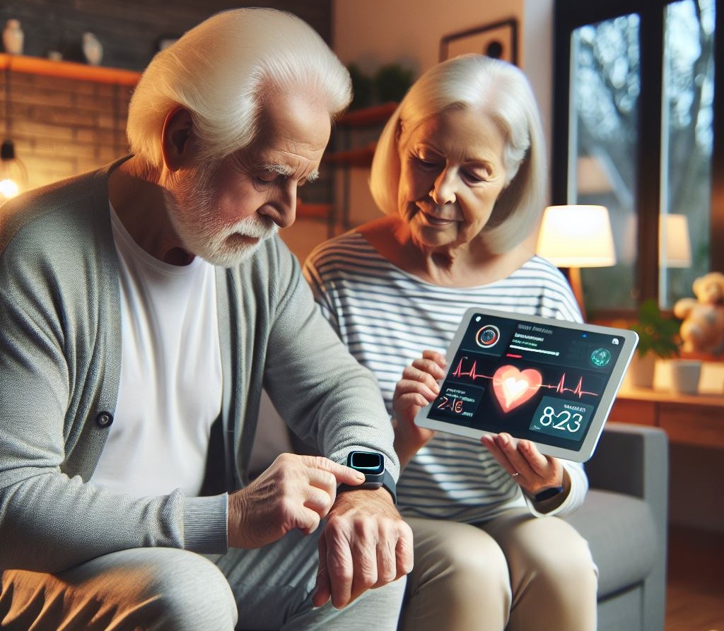 Eldre ektepar overvåker egen helse ved hjelp av nettbrett og smartklokke hjemme hos seg selv. Bildet er KI-generert.